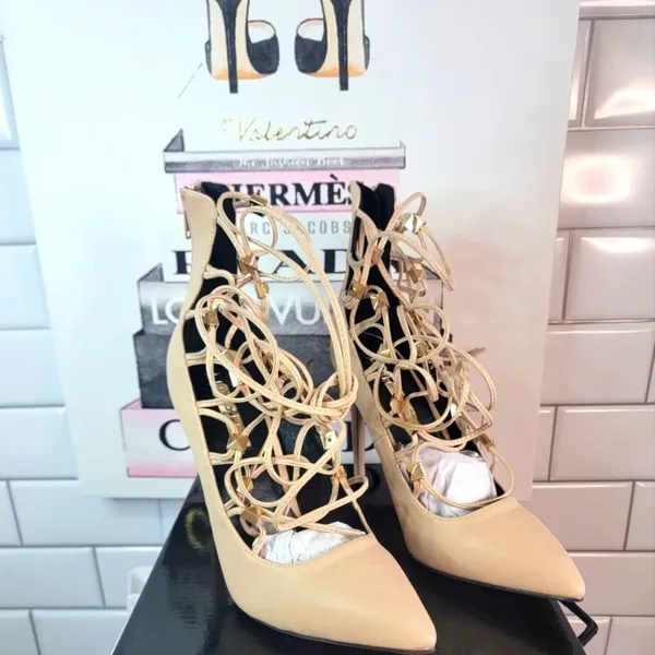 Liliana Lace-Up Heels Cream & Gold - Image 4
