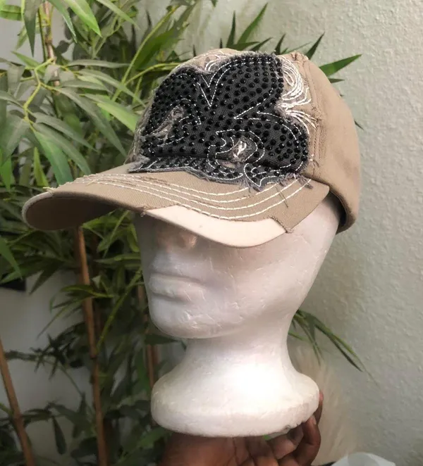 Y2K Gothic Beige Black Cyber Punk studded rhinestone large fleur de lis distressed messenger cap hat #fairy #grunge #punk #skater #whimsygoth bedazzled Adjustable - Image 3