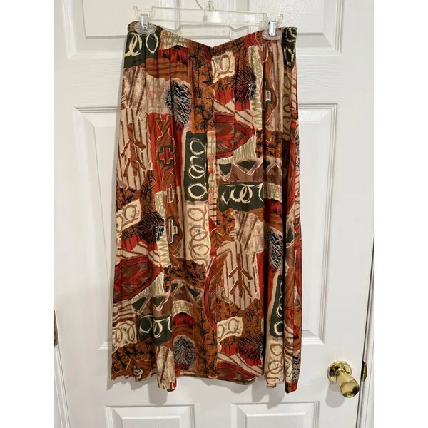Vintage 90s Midi Abstract Geometric Print Skirt Elastic‎ Waist Brown Large - Image 5