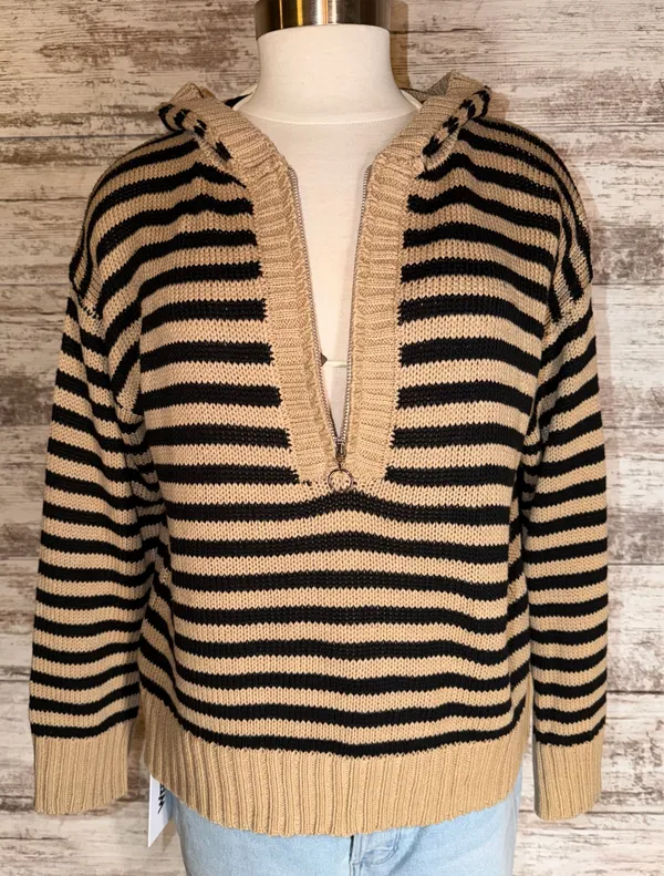 Princess Polly Tan and Black Hooded 1/2 Zip Striped Sweater - Image 2