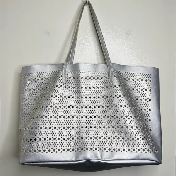 Saks Fifth Avenue Silver Laser Cut Tote Bag Reusable Shopping Bag - Image 3