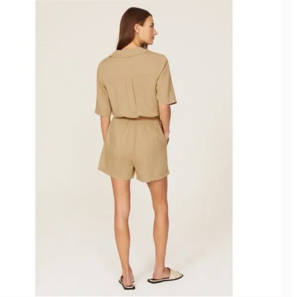 Faherty Arlie Day‎ Tan Linen Blend Button Front Short Sleeve Romper Size Small - Image 3