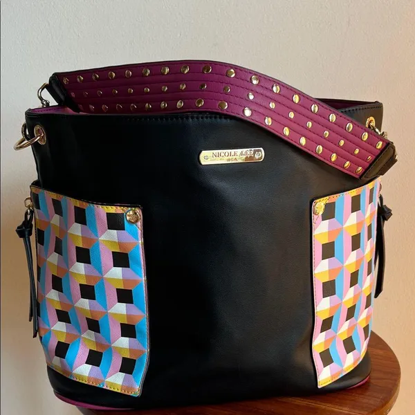 Nicole Lee Black and Pink checkered Handbag with studded strap - Image 12