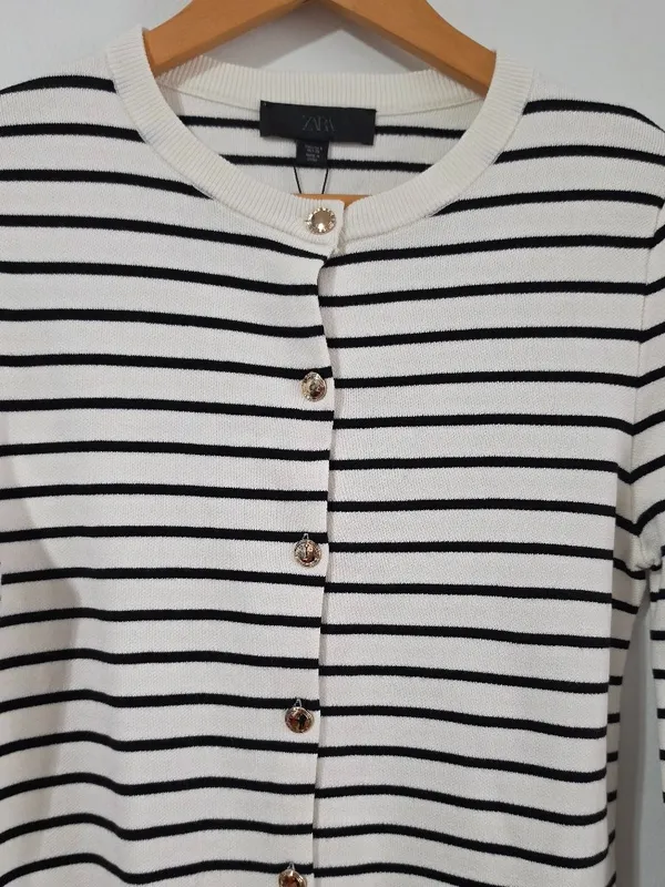 Zara Striped Knit Cardigan Long Sleeve - White/Black - Size S - 5755 - Image 5