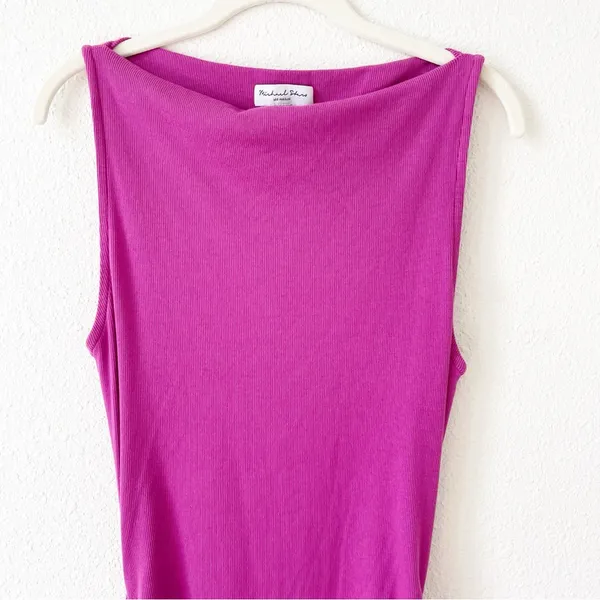 Michael Stars Charlotte Midi Dress Pink Size Medium Ruched Slit Ribbed Colorful - Image 3