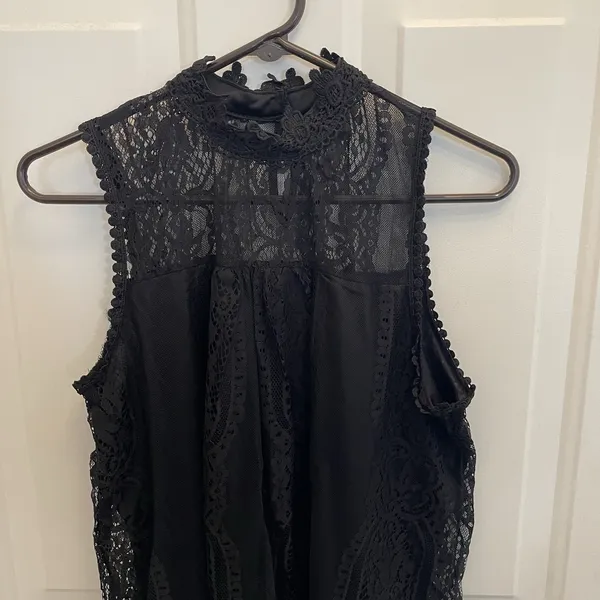 Black Sleeveless Lace High Neck Button Key Hole Top Knit Body Witchy Whimsigoth - Image 4