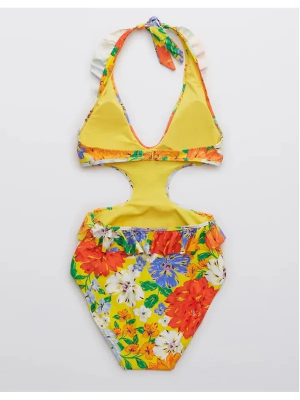 Aerie Yellow Floral Monokini Floral Ruffle Halter One Piece Swimsuit Large - Image 13