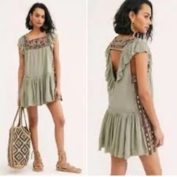 Free People Embroidered Boho Dress Aztec Southwestern Cottage Babydoll Sage Fall - Image 6