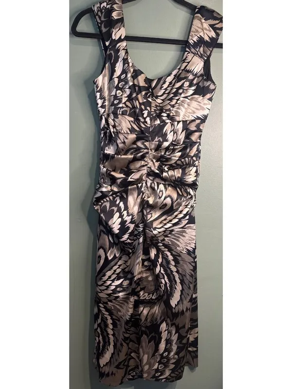 London Times Womens 6 Midi Dress Ruched Draped Abstract Feather Cocktail Y2K - Image 6