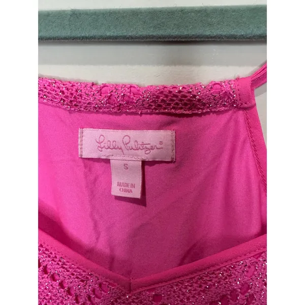 Lilly Pulitzer Dusk Pop Pink Metallic Shimmer Lace Slip‎ Mini Dress Crochet sz S - Image 4