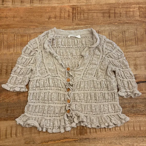 Natural Life Cardigan S Cottagecore Ruffle Pointelle Knit Cropped Peasant Hippie - Image 2