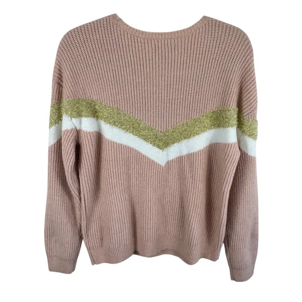Nine West Womens Pink Ribbed Chevron Sweater Gold Metallic Stripe Cozy Size L - Image 3