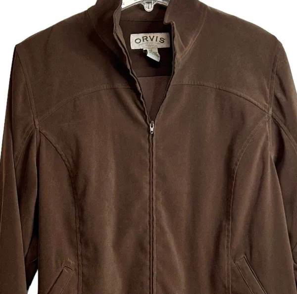 ORVIS Brown Faux Suede Full Zip Jacket Cinch Hem Pockets Y2K Women's 12 - Image 3