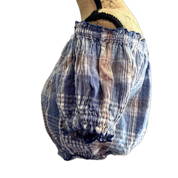 American Eagle Outfitters Puff‎ Sleeve Crop Top Blue Plaid Cotton Linen Size XS - Image 5