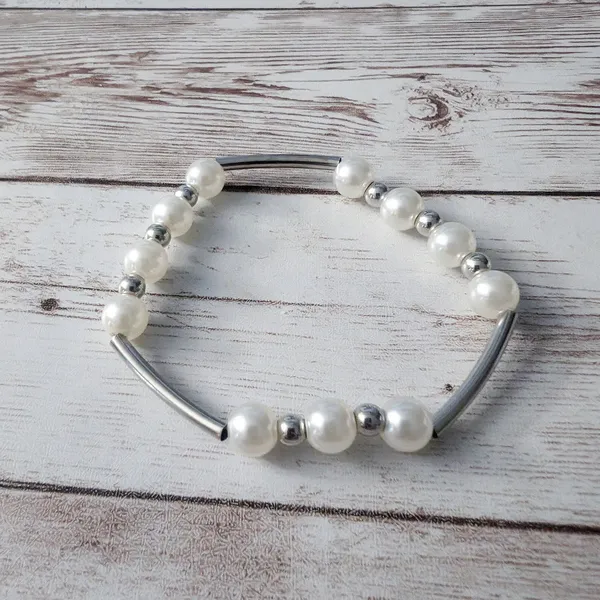 Silver Tone & Faux Pearl Stretch Bracelet - Image 2