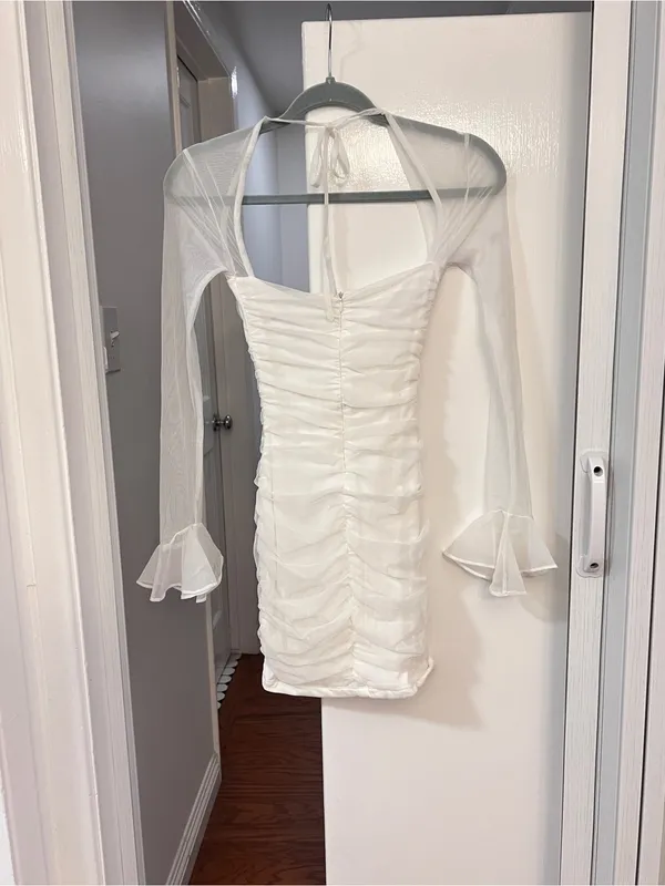 BABYBOO Brea Mini Dress-White Sheer-Sleeve White Mini Dress with Square Neck, XS - Image 5