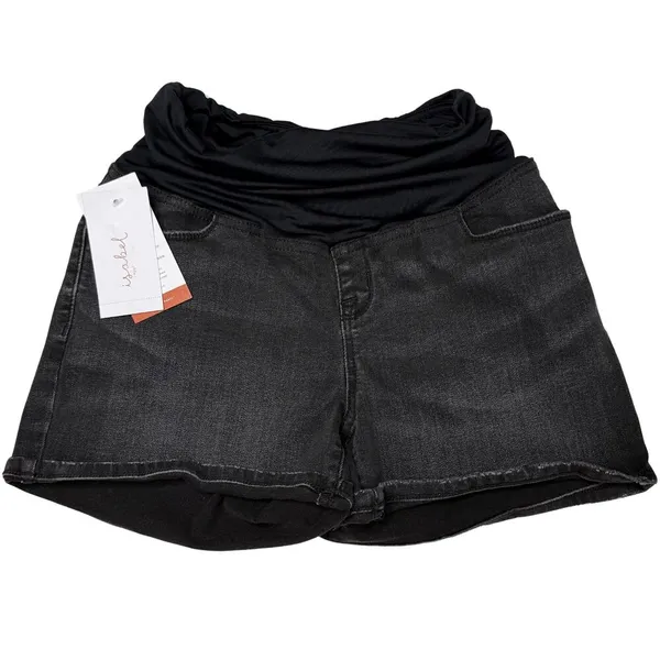 Isabel Maternity Crossover Panel Super Stretch Denim Jean Midi Shorts Sz 6 Black - Image 2