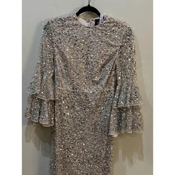 NWT Mac Duggal FULLY SEQUINED TIERED 3/4 SLEEVE MIDI Nude Size 6 - Image 7