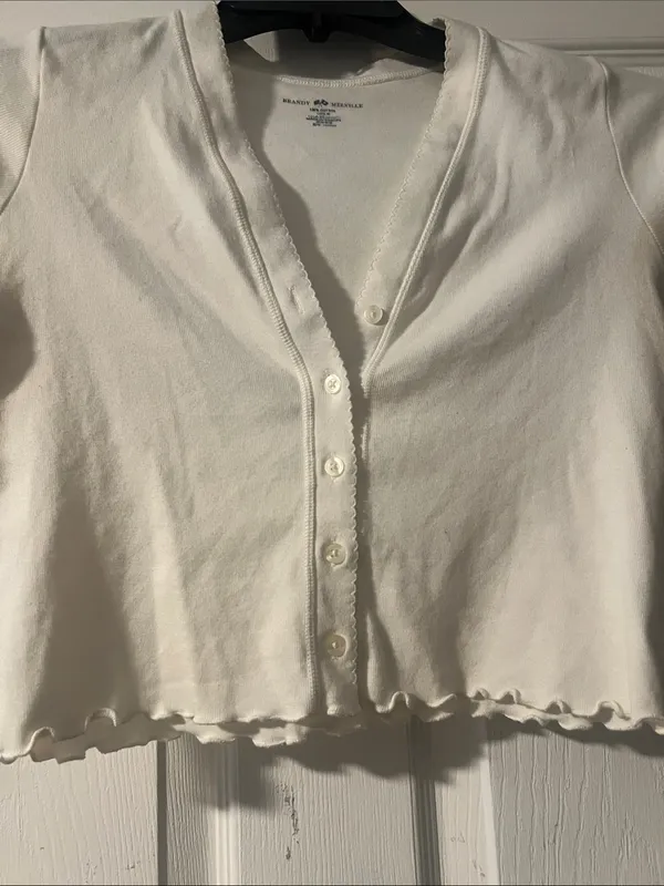 Brandy Melville Cream Ribbed Lettuce-Trim Button Crop Top - Image 4