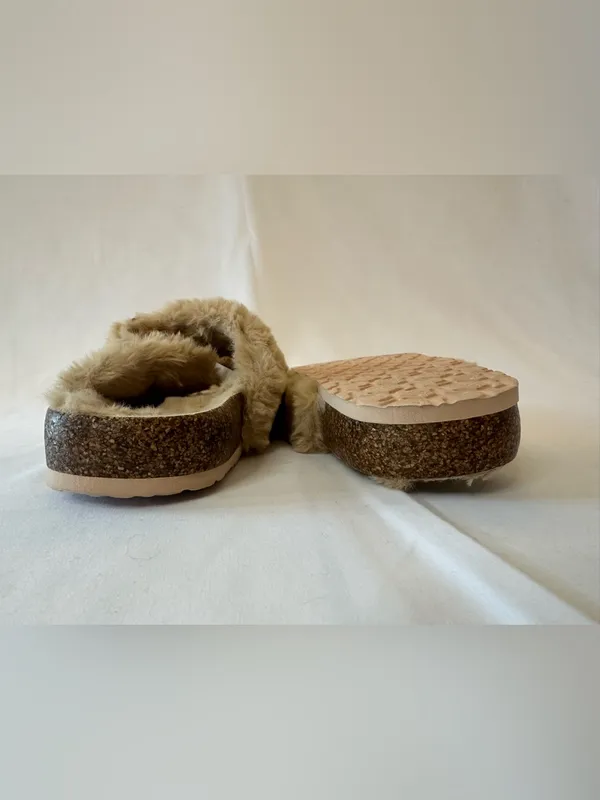 Women's Plush Faux Fur Slide Sandals - Tan - Image 5