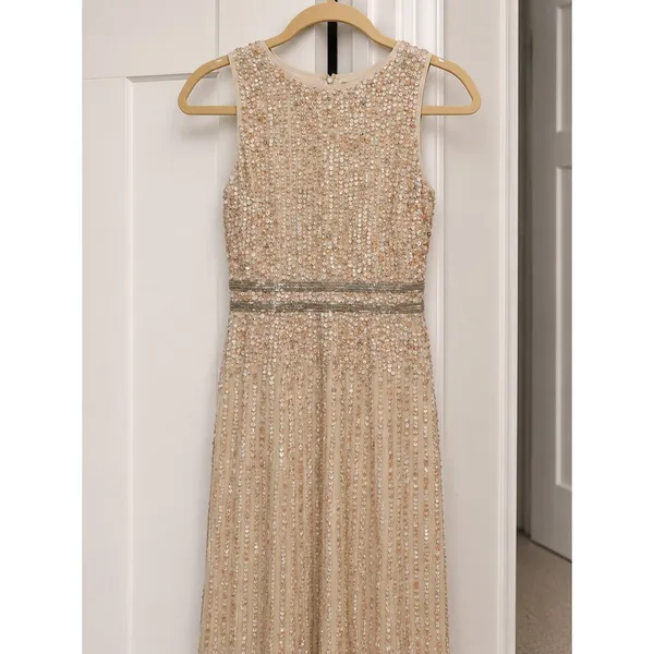 Mac Duggal Nude‎ Champagne Beaded Sequin Midi Sheath Cocktail Dress NWT Sz 8 - Image 6