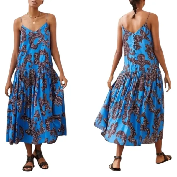 Anthropologie ATSU Blue Floral Paisley Flounced Midi Dress Size XS - Image 2