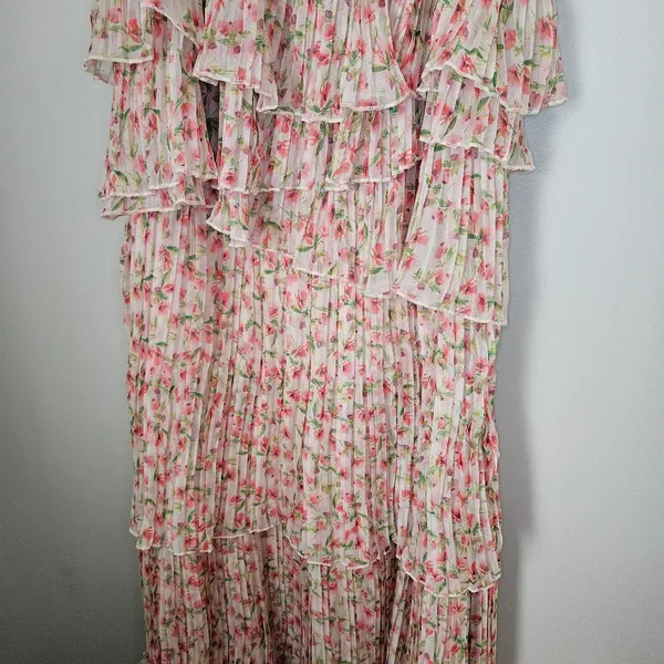 Something Navy Dress Floral Pleated Tiered Cream Multi Maxi Midi Garden Party - Image 4