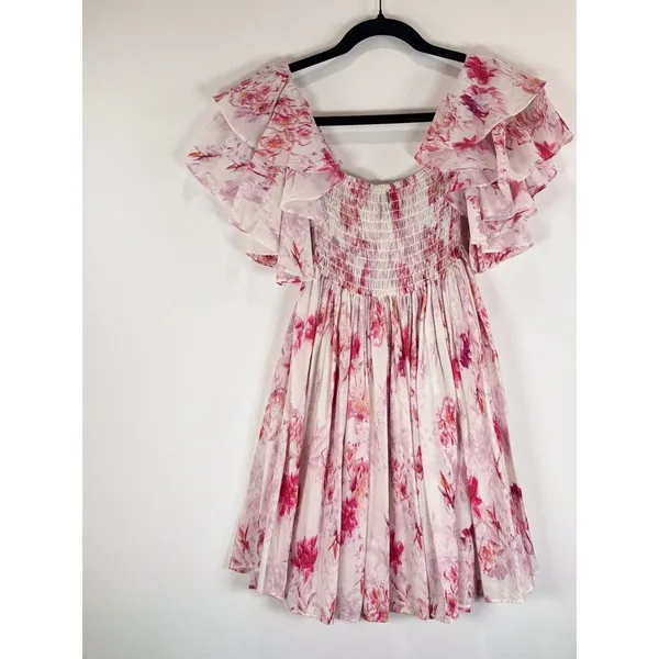 MISA Dress Pink Dina Mini Off Shoulder Smocked Abstract Rose Flowy Coquette XS - Image 8