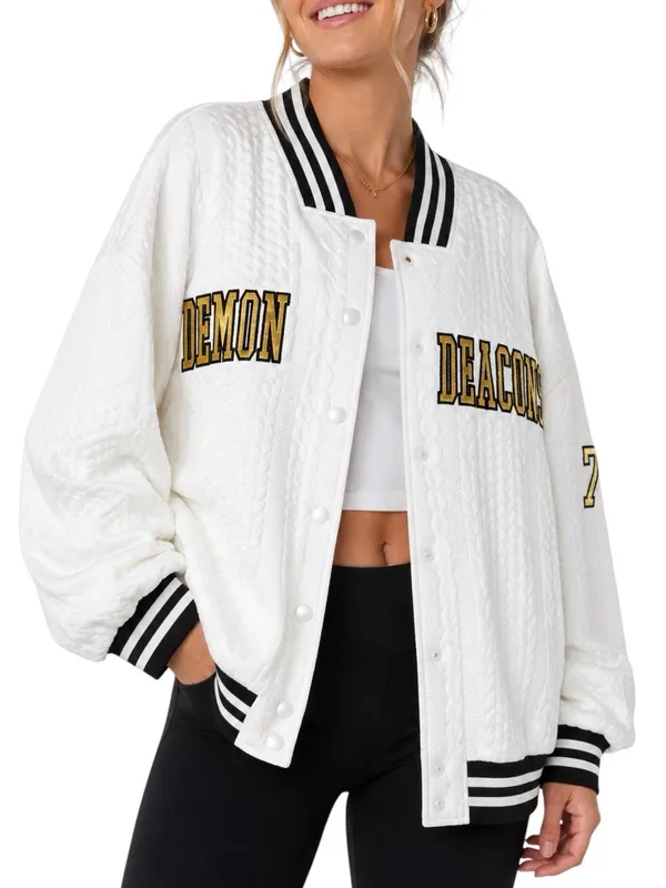 NWT Gameday Couture Wake Forest Demon Deacons Cable Knit Varsity Jacket White XL - Image 15