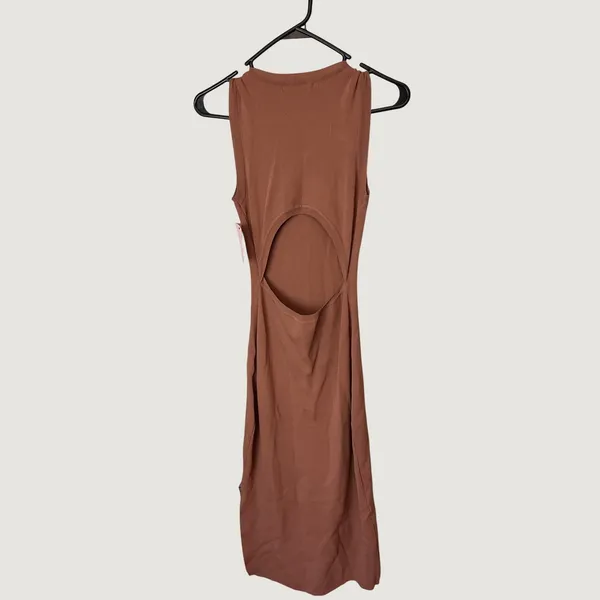 Miou Muse Anders Red Bean Brown Ribbed Cutout Back Midi Dress D2515 Womens L NEW - Image 3