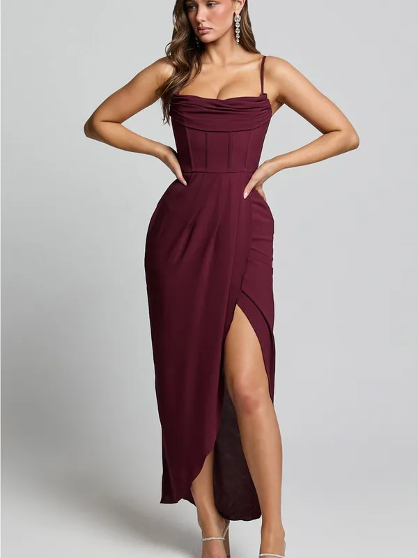 SHOWPO Andrina High Low Wrap Corset Midi Dress In Wine - Image 6