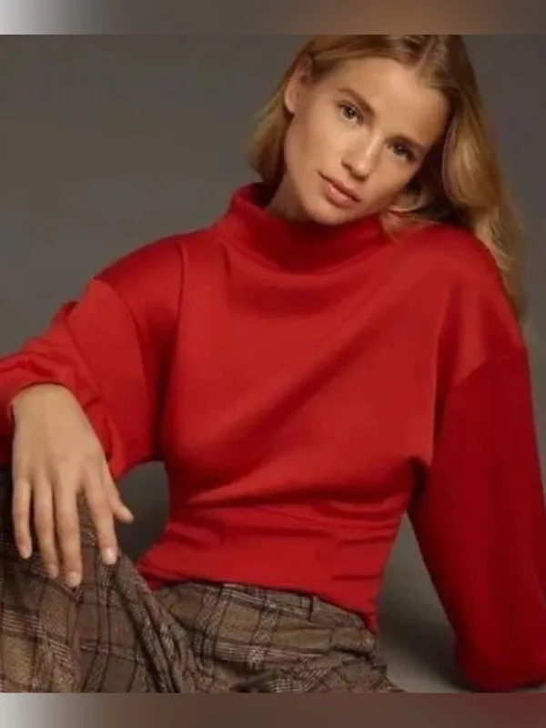 Maeve by Anthropologie Red Corset-Waist Mock Neck Pullover Sweater XS - Image 3