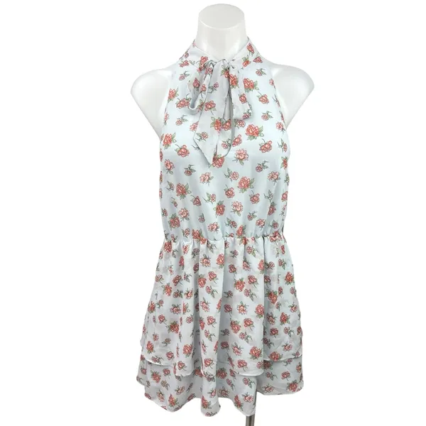 NEW Revolve x Lovers & Friends Blue Floral Tiered High Neck Tie Mini Dress Sz S - Image 4