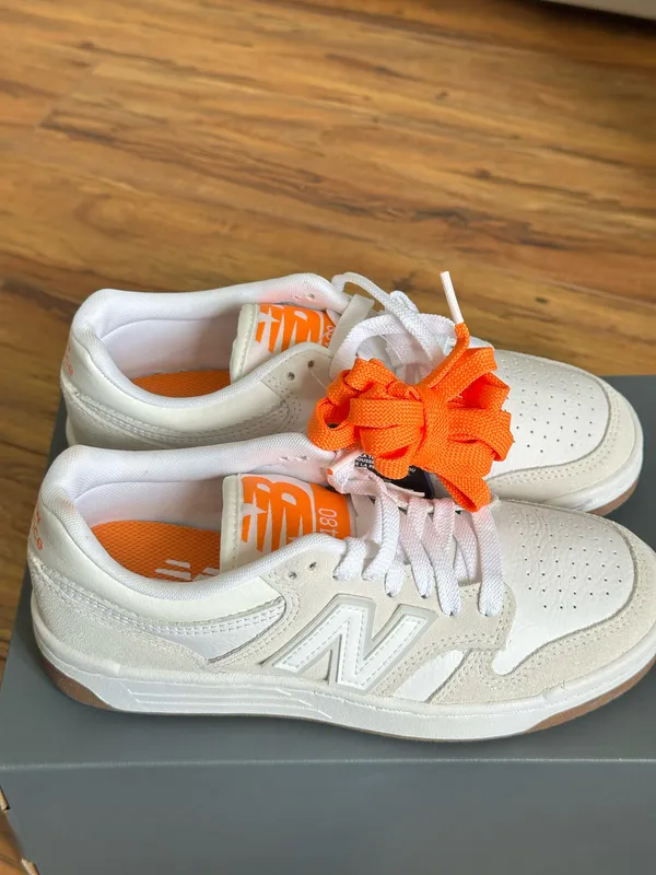 New Balance Men's 480L White Cream Sneakers with Orange women's 5.5 - Image 9