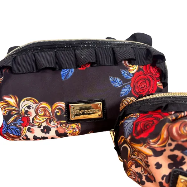 Betsey Johnson 2pc Cosmetic Bag Set Floral Leopard Ruffle Black Red Gold Rose - Image 3