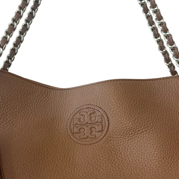Tory Burch Pebbled Leather Chain Tote‎ Brown Camel Slouchy Bag - Image 3