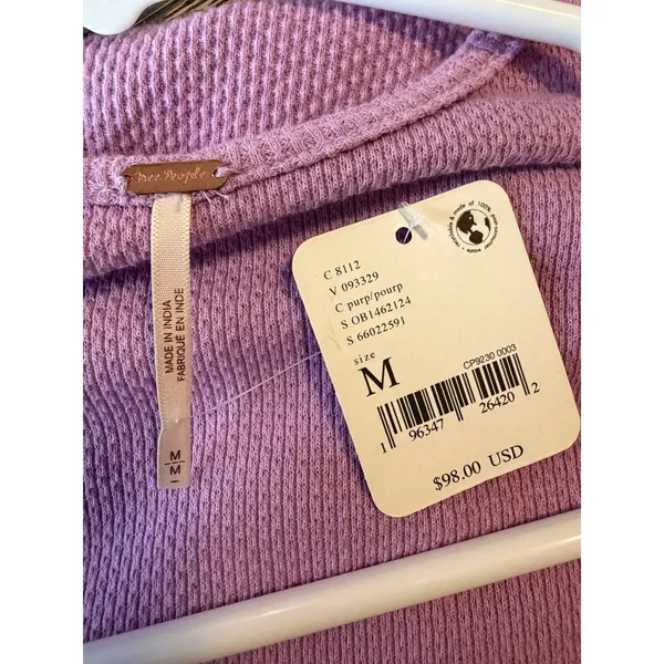 Free People Women Purple Butterfly Crochet Waffle Knit Top Size M - Image 4