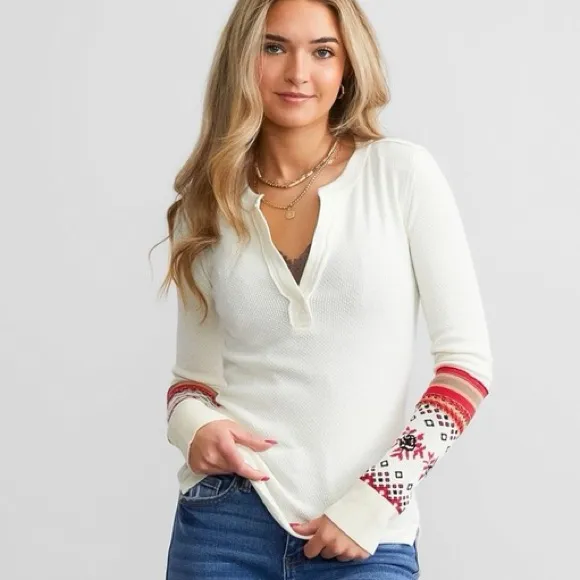 We The Free Cream Top with Red Patterned Sleeves Size XSMALL - Image 9