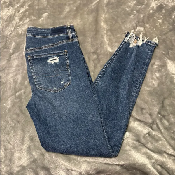 American Eagle Outfitters Dark Blue Distressed Hi Rise Jegging Skinny Jeans - Image 3