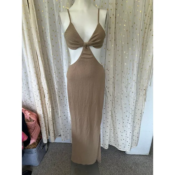 Shein Serita Inspired Textured Sand Woven Knit Midriff Cut Outs Maxi Dress XS - Image 4