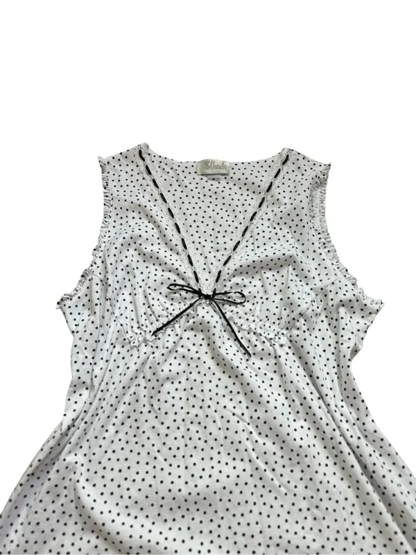 White & Black Polka Dot Babydoll Tank Top Women Medium Bow Front Ruffle Trim - Image 3