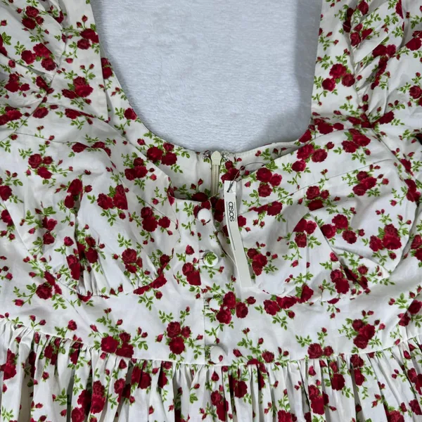 ASOS Design Floral Puff Sleeve Babydoll Mini Dress White Red Rose US 8 NEW - Image 7