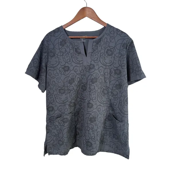 Advantage Butter-Soft Women XL Gray Floral Scrub V-Neck‎ Top Medical Caregiver - Image 2