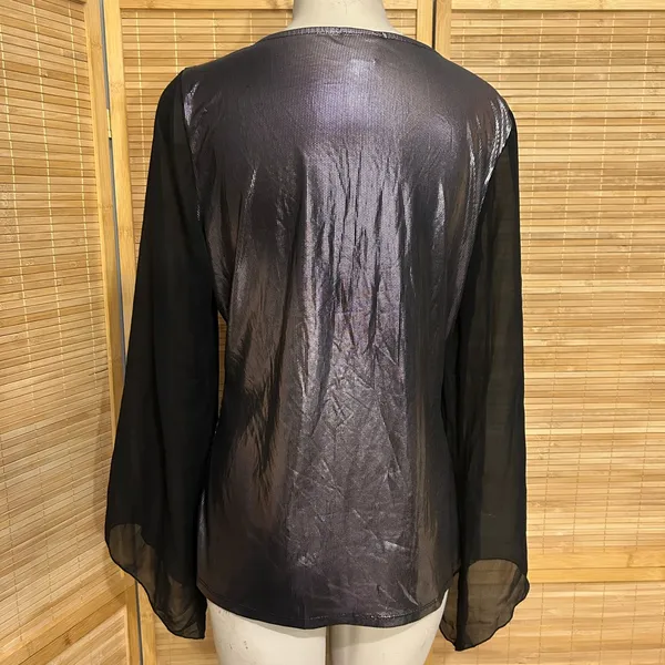 Dots purplish silver metallic blouse sheer black sleeves top shirt woman’s XL - Image 6