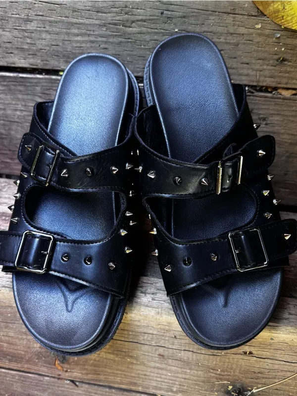 Black Studded Double-Buckle Slide Sandals for Women - Image 4