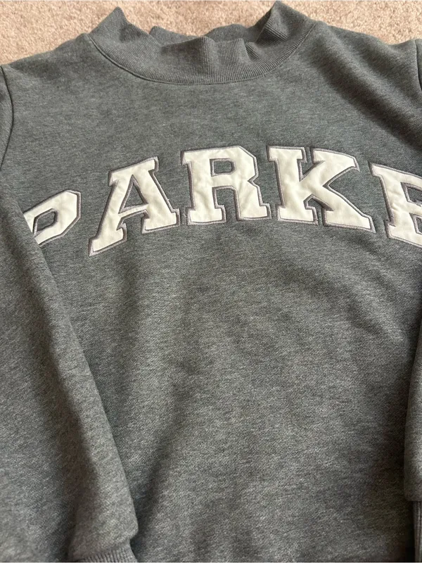 Parke Cozies Stormy Grey Varsity Mockneck Sweatshirt S/M Fleece - Image 4