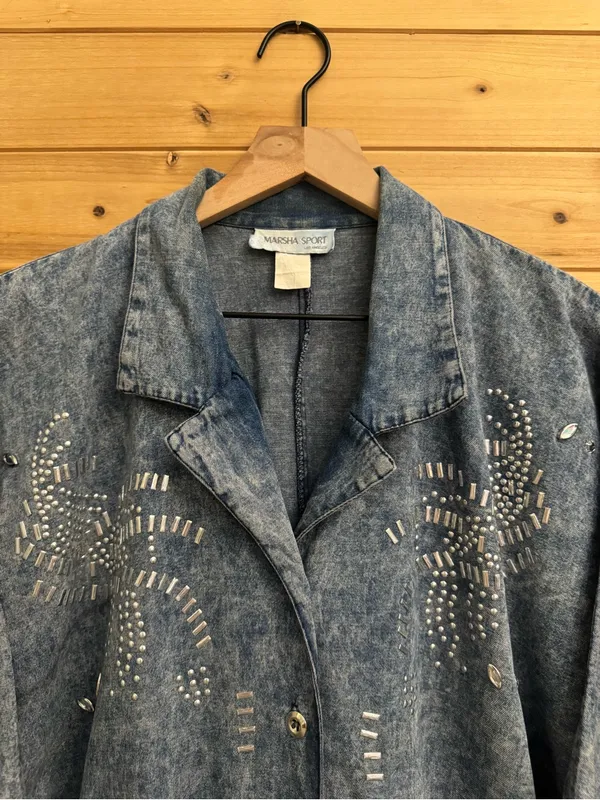Vintage Marsha Sport Medium Acid Wash Denim Bedazzled Zip Front Jacket Retro 80 - Image 4