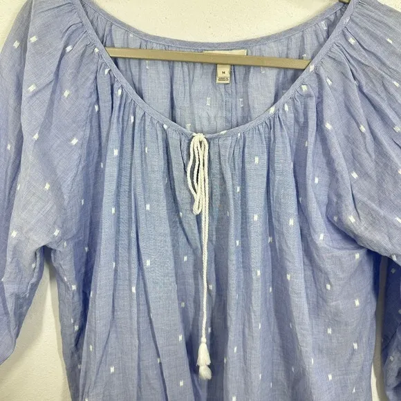 J. Crew Blue Peasant Top Polka Dot Gauzy Tie Neck Tassel‎ 3/4 Puff Sleeve Size M - Image 6