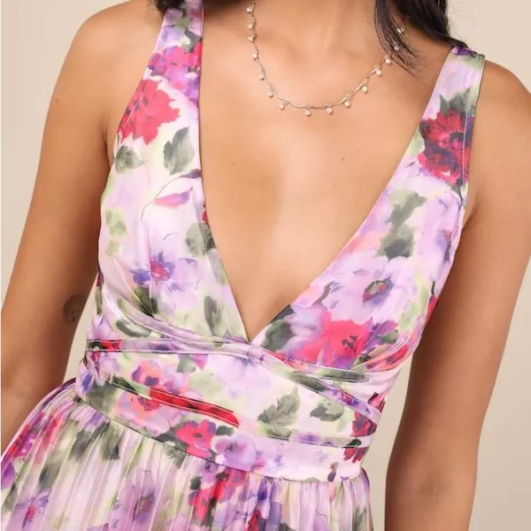 LULU’S Morgana Pink Multi Floral Satin Pleated Maxi Dress - Image 3
