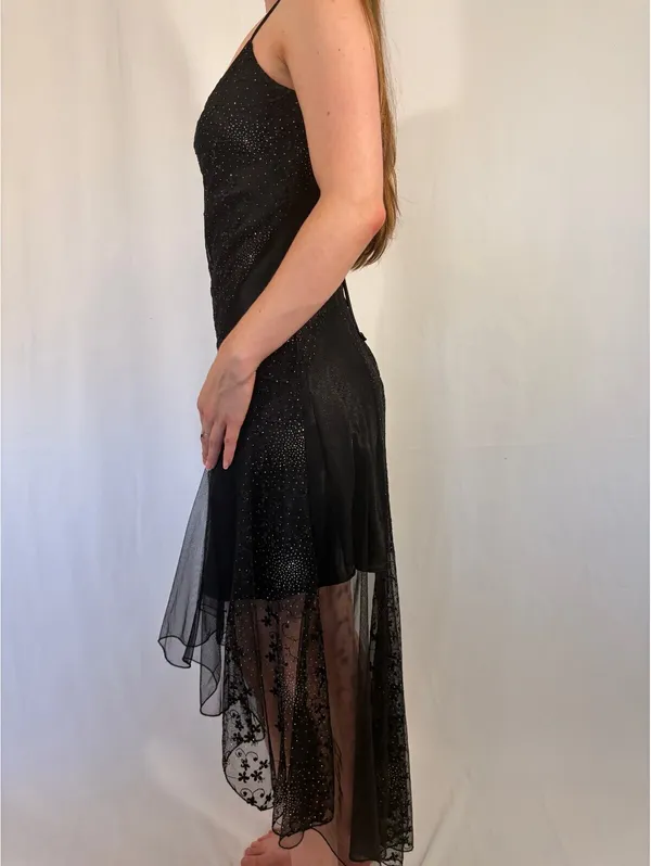 Sparkly Black Open Back Tie Overlay High Low Y2k Dress - Image 4